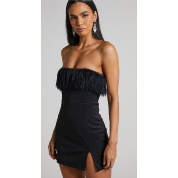 Showpo. Strapless Faux Feather Trim Rhaiza Mini Dress Black Women's Size US 2 - Picture 2 of 7